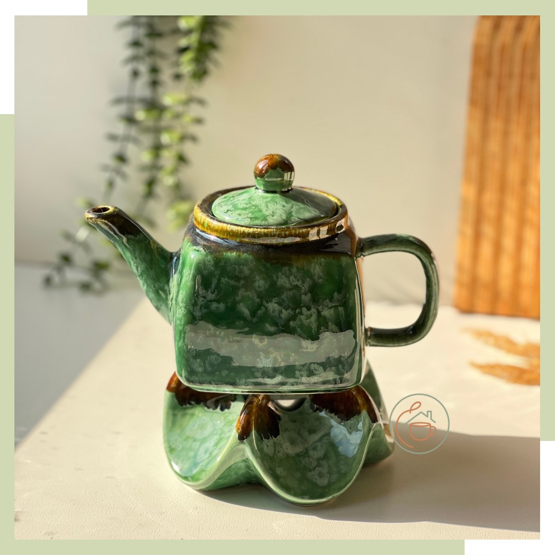 قوری و وارمر سرامیکی سبز شره ای